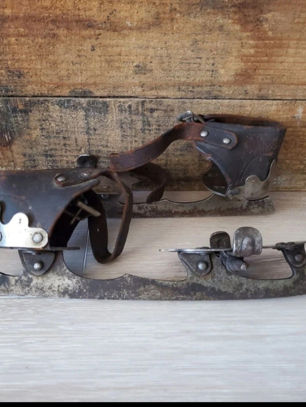 Vintage Strap-On Ice Skates - Brown Leather & Tarnished Silver Blades